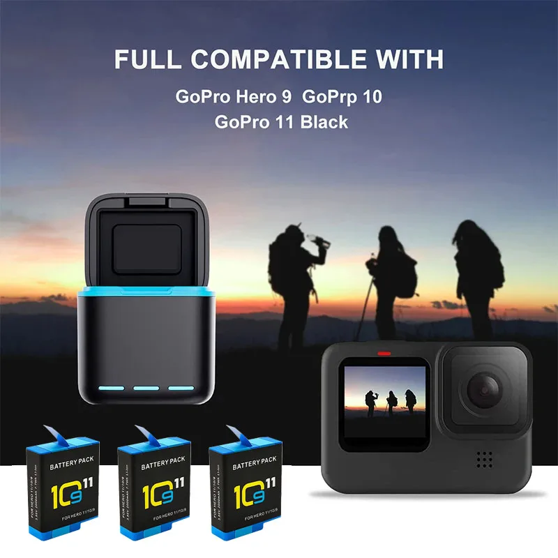 Pack de batteries et chargeur pour GoPro Hero 12 11 10 9 8, vue éclatée des composants.