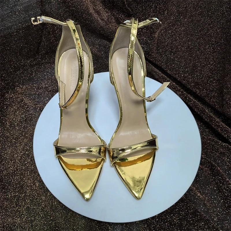 Women Naked pointed thin heel summer patent leather one-piece buckle sandals exposed toes women sandals