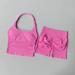 Women's 2 - Piece Seamless Yoga and Gym Set with Halter Top and High - Waist Shorts - S (HuaFen)