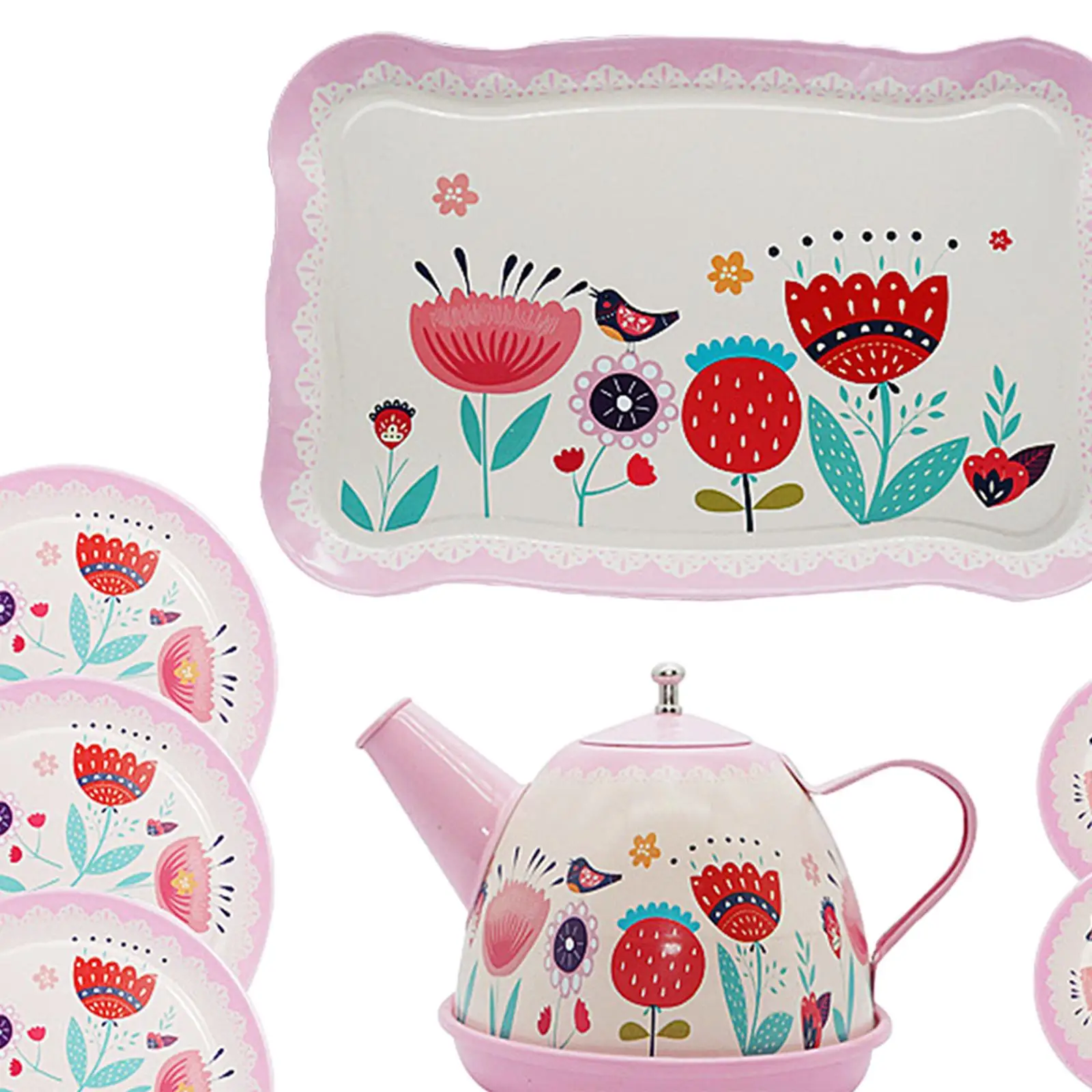 Kids Tea Set Metal Teapot Cups Dishes Afternoon Tea Playset for Age 3 4 5 6