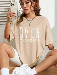 Vintage Women's Cotton Short Sleeve Graphic Tee - Breathable Casual O-Neck Top - S (Khaki)