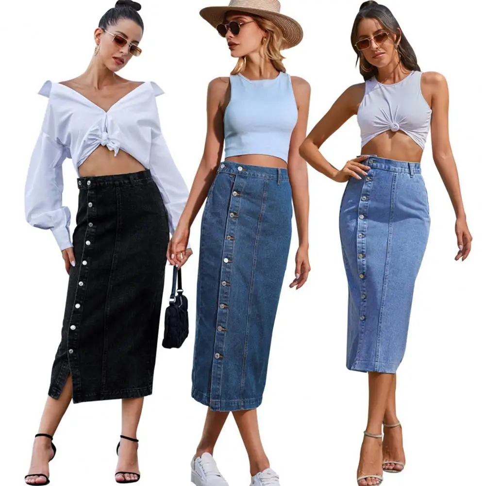 

2023 Women's Button A-line Side Split High Waist Denim Skirt Office Lady Black Blue Midi Jean Skirts Autumn Winter Long Skirt