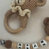 Baby Rattle Crochet Bear Teether Rattle With Bells Pacifier Chain Newborn Montessori Educational Toy Wooden Rings Baby Toys 2