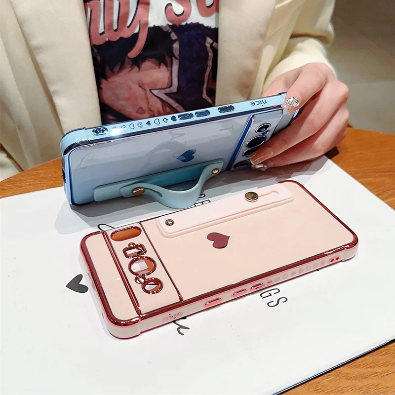 For Google Wristband Phone Case for Pixel 7a 8 Pro Cover Cute Heart Border Plating Lens Protection Shockproof Bumper_voghion.com