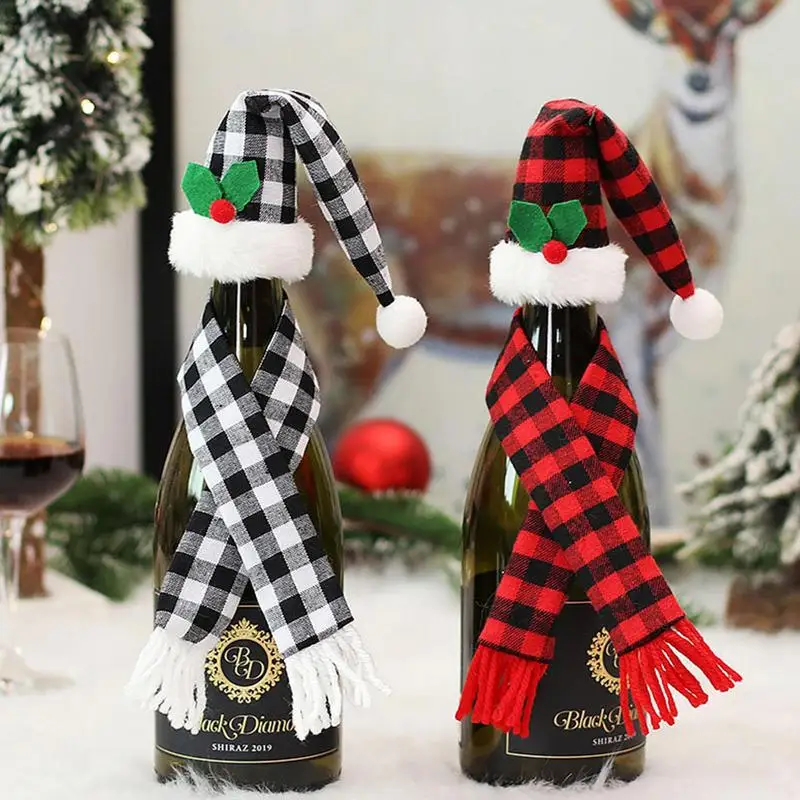 

New 2Pcs/Set Christmas Wine Bottle Cover Set Santa Claus Bottle Decor with Hat Creative Lovely Home Hotel Xmas Party Table Decor