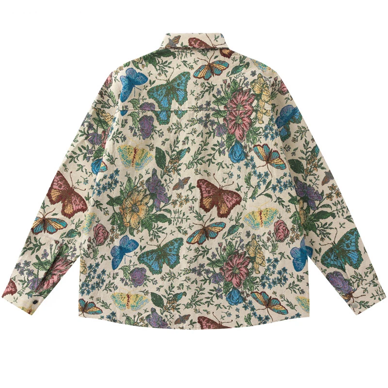 Aelfric Eden Retro Butterfly Floral Flowers Long Sleeve Shirts Vintage Shirt Coat Y2K Harajuku Men Loose Button Thick Shirts Top