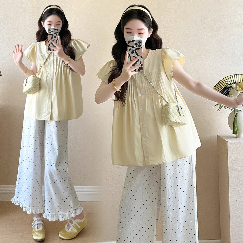 임산부 여름용 스윗하고 귀여운 통기성 좋은 러플 소매 블라우스와 물방울 무늬 와이드 레그 팬츠 투피스 세트