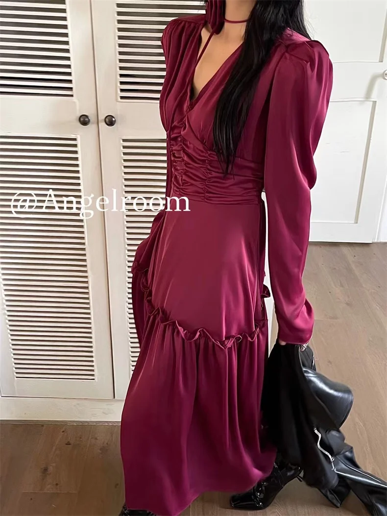Autumn Satin Midi Dresses for Women Long Sleeve V-neck Folds Design A-line Korean Fashion Office Lady One Piece Vestidos New