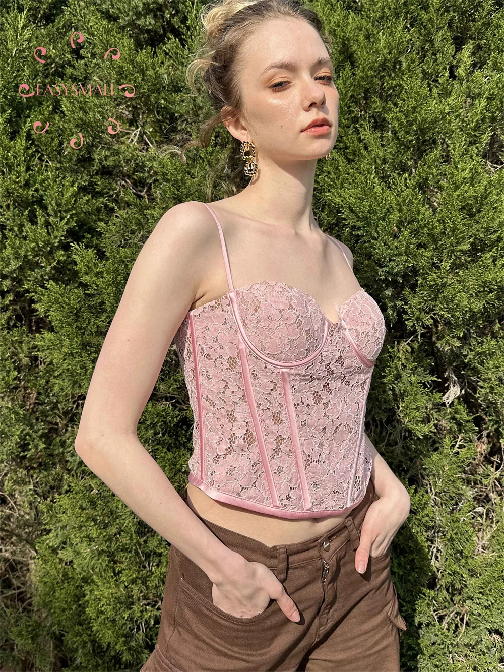 

Easysmall House Versatile Pure Desire Wind Heavy Industry Fish Bone Tank Top Lace ups Tee Women O-neck Longsleeve Short T-Shirt