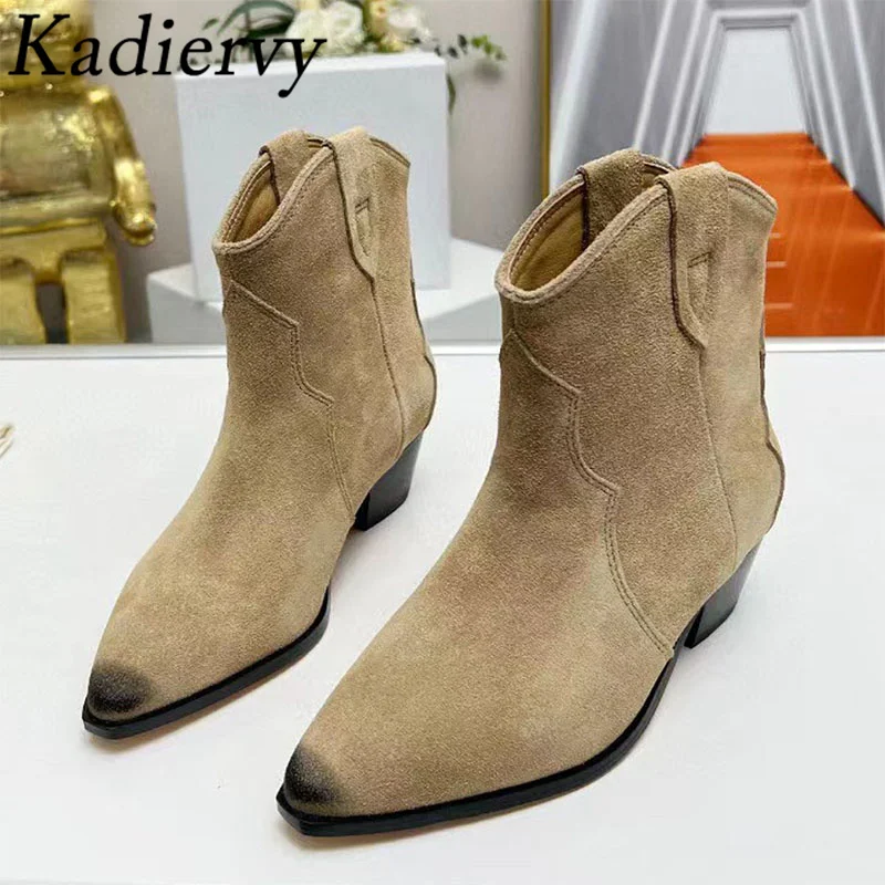 

High Quality Cow Suede Western Cowboy Boots Woman Pointed Toe Slip-on Short Boots Ladies Square Heels Ankle Boots For Women