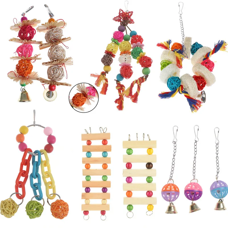 Parrot Toys Wood Birds Standing Chewing Rack Toys Bead Ball Heart Star Shape Parrot Toy Bird Accessories Supplies