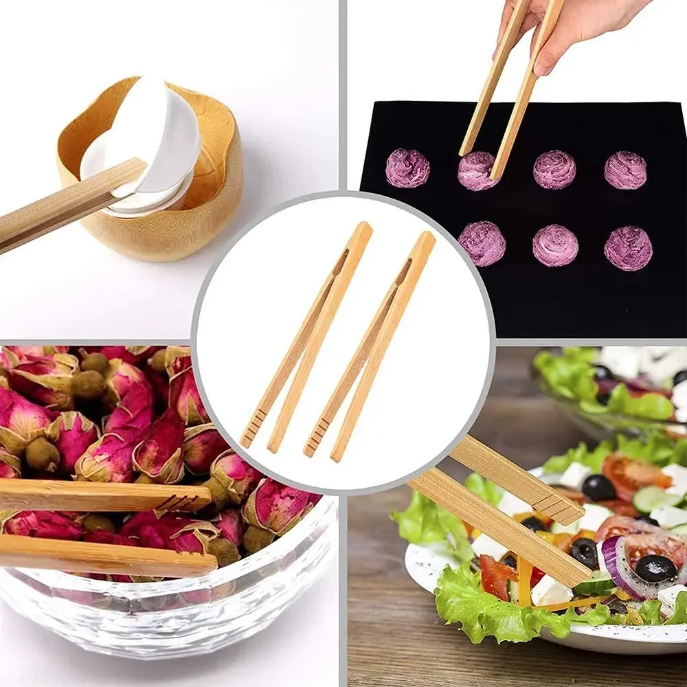 2Pcs Bamboo Tongs Wooden Food Toaster Tongs Tea Clip Natural Tweezers for Toast Pickles Tea Cooking Kitchen
