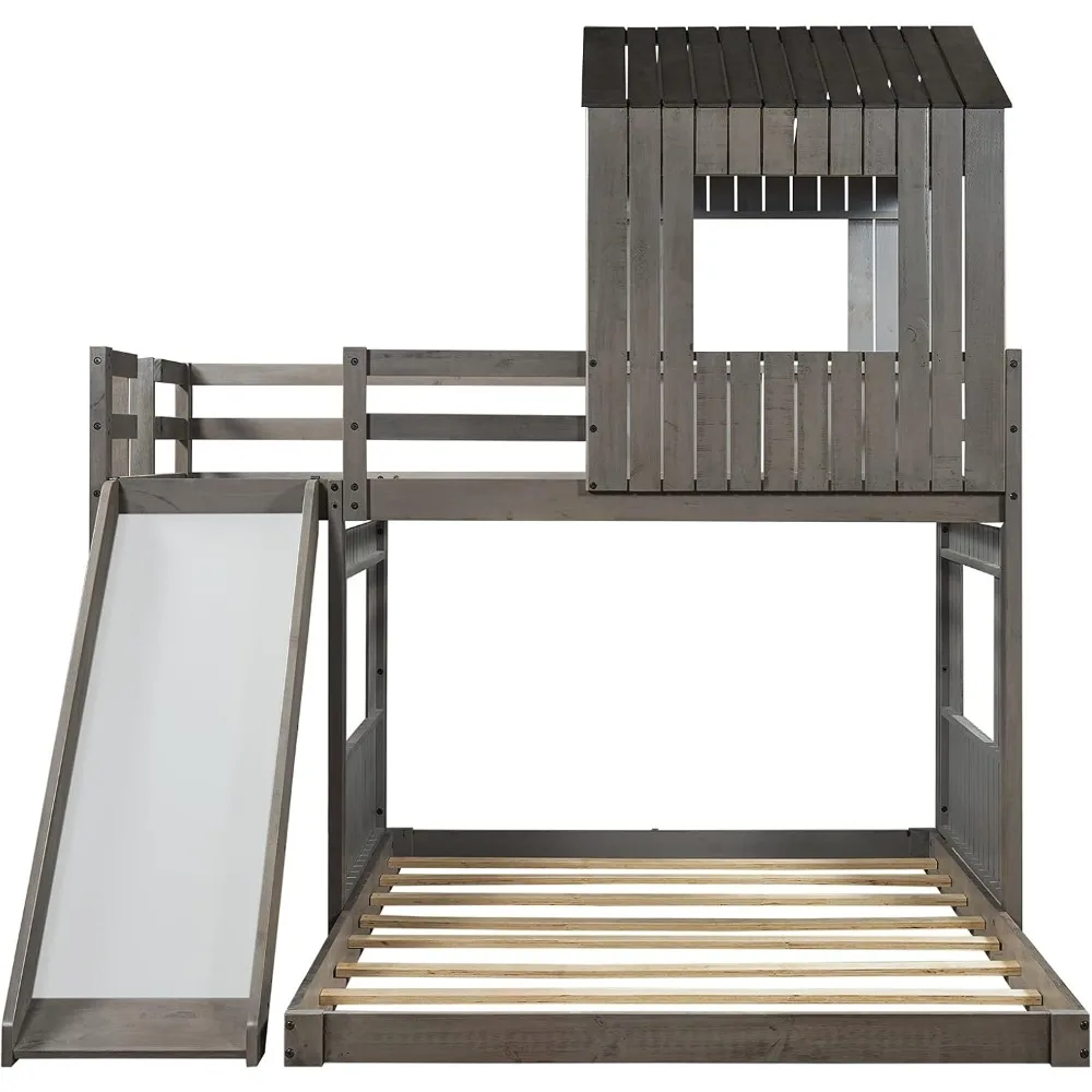 Bunk Bed for Kids Toddlers, Twin Over Full Bunk Beds with Slide, Playhouse Farmhouse Roof Window Guardrail Ladder