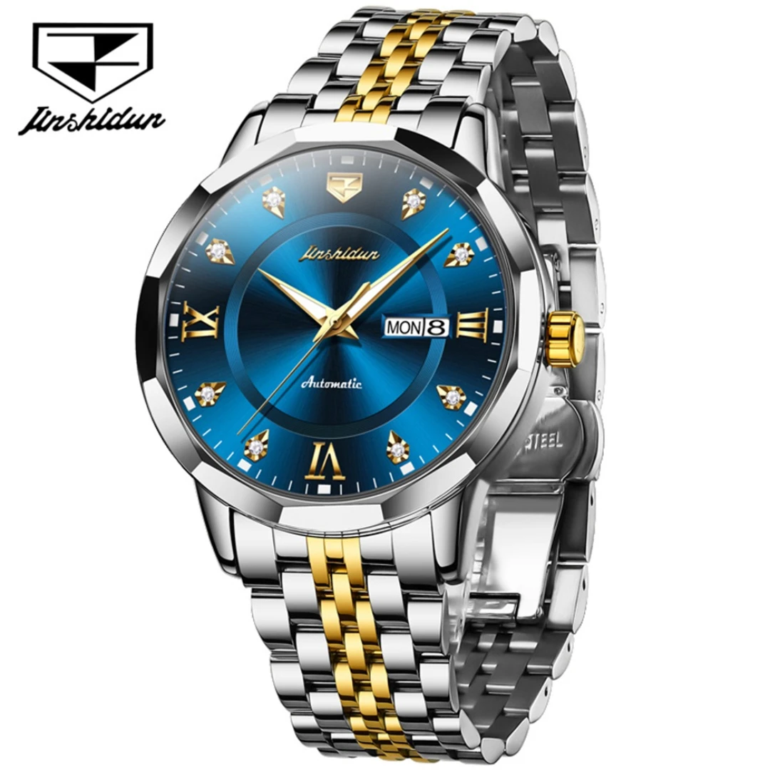 

JSDUN 8948 Mechanical Fashion Watch Gift Round-dial Stainless Steel Watchband Week Display Calendar Luminous