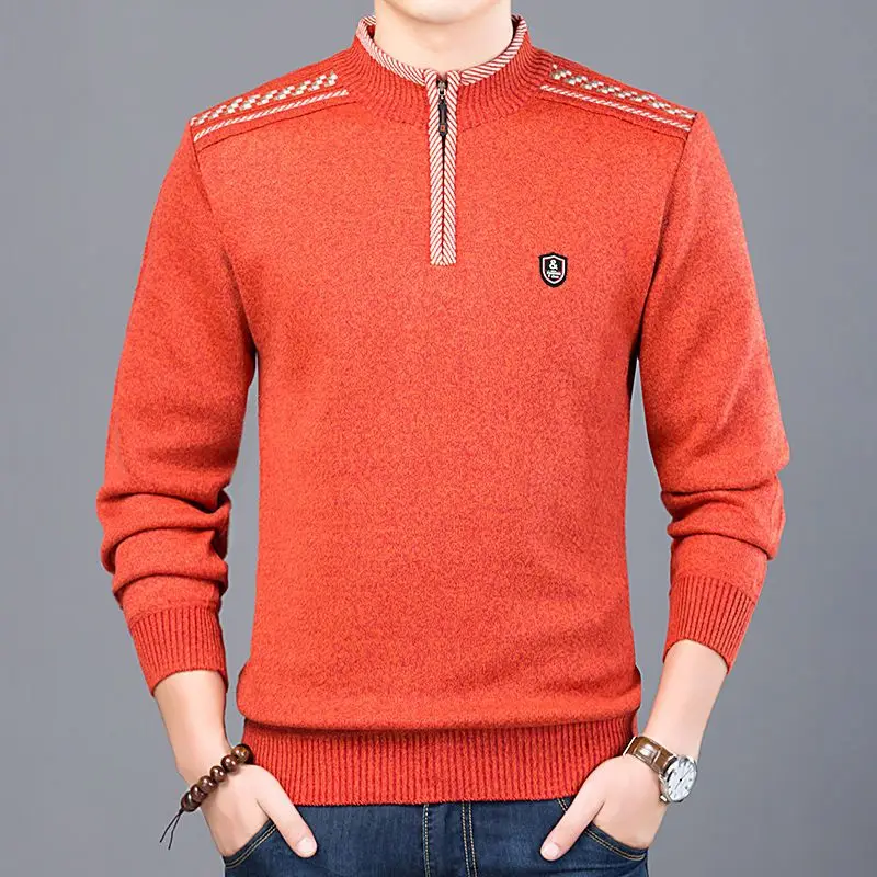 Korean Casual Autumn Winter New Sweater Men's Half High Zip Collar Solid Emblem Knit Jacquard Thickened Trendy Long Sleeved Top
