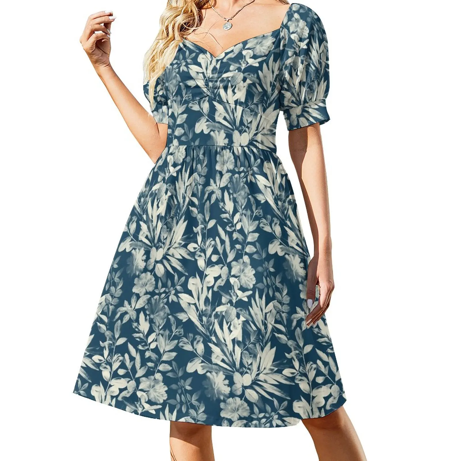 

Moody Leaves in Grey Blue and Cream Sleeveless Dress Women's dresses women evening dress