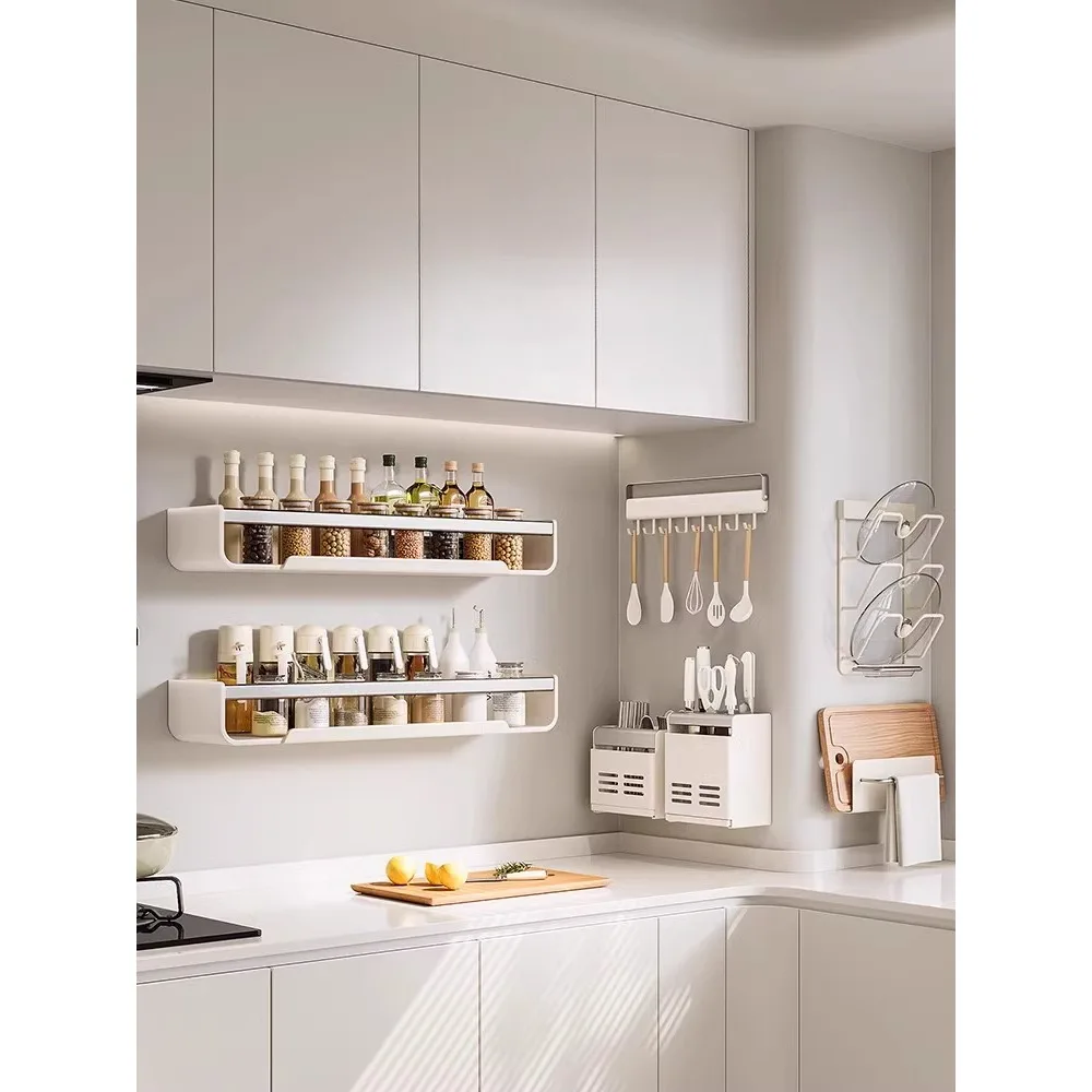 Cream wind kitchen rack, seasoning non-punching wall-mounted multi-layer knife holder, lid, chopsticks, spoons, storage