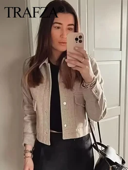 TRAFZA 2024 Autumn Winter Female Street Fashion Solid Jackets Causal With Pockets Button Down Turn Down Collar Elegant Coats 1