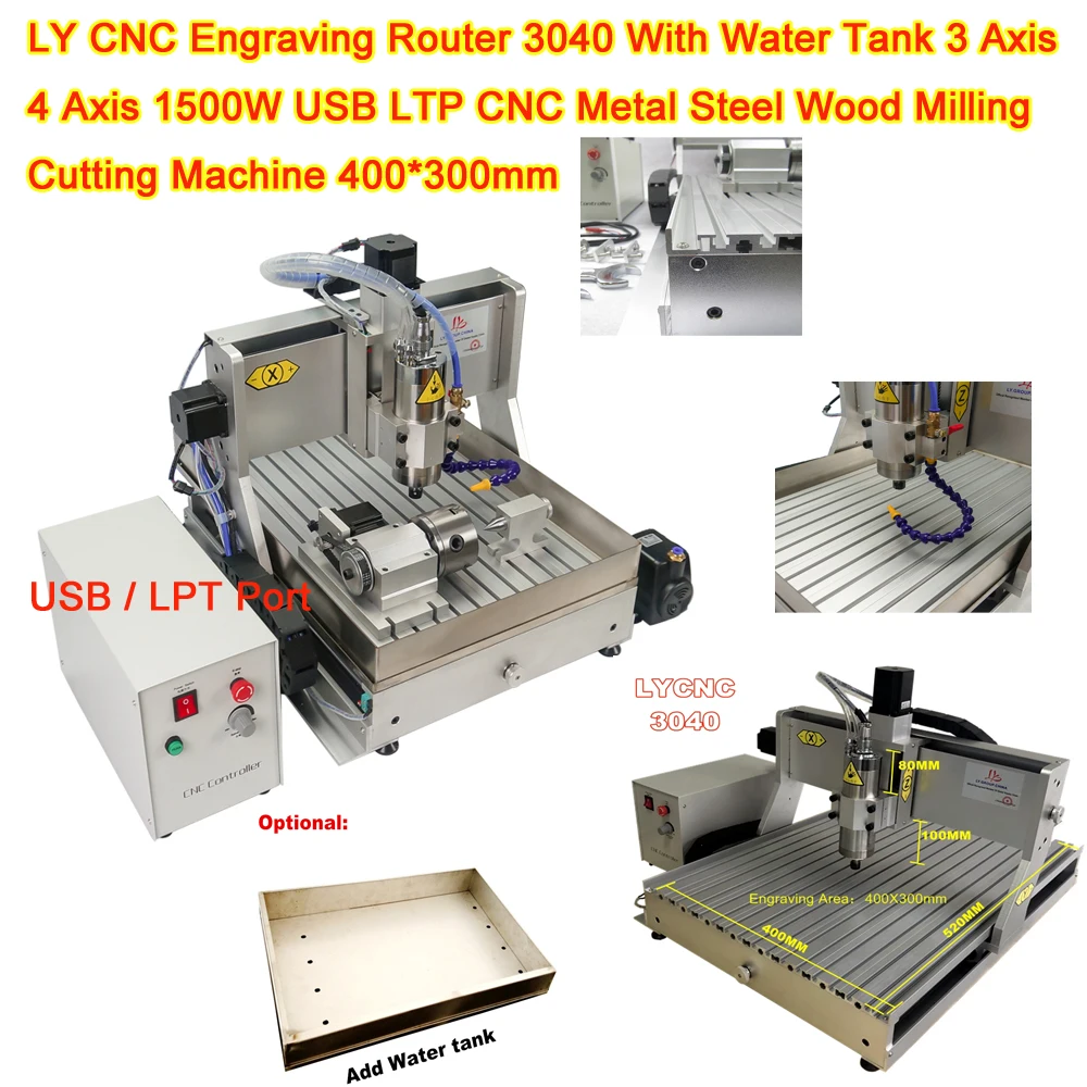 Ly Router Per Incisione Cnc 3040Z Con Serbatoio Dell'Acqua 3 Assi 4 Assi 1500W Usb Ltp Cnc Metallo Acciaio Fresatrice Per Legno 400*300Mm