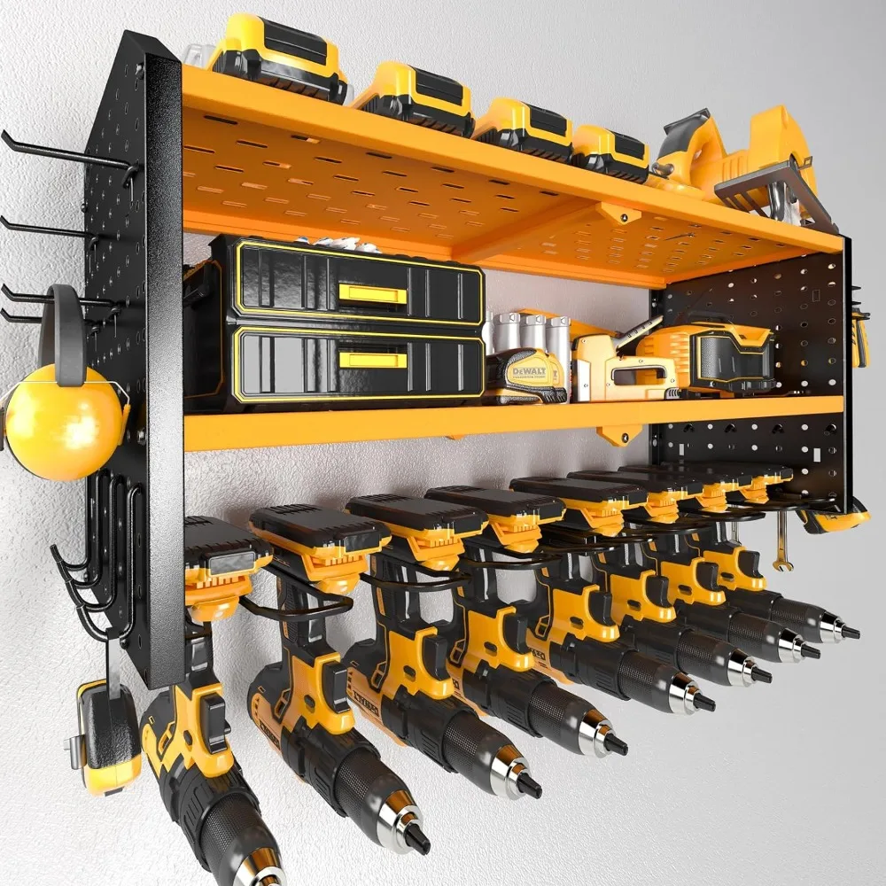 

KAFAHOM Power Tool Organizer,Large 8 Drill Holder Wall Mount with 2 Side Pegboards,Metal Tool Shelf with 12 Hooks