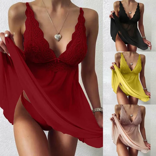 Camisón de encaje con cuello en V para mujer, ropa de dormir Sexy, lencería, bata, ropa interior, vestido transparente, camisones con costuras porno - Image 5