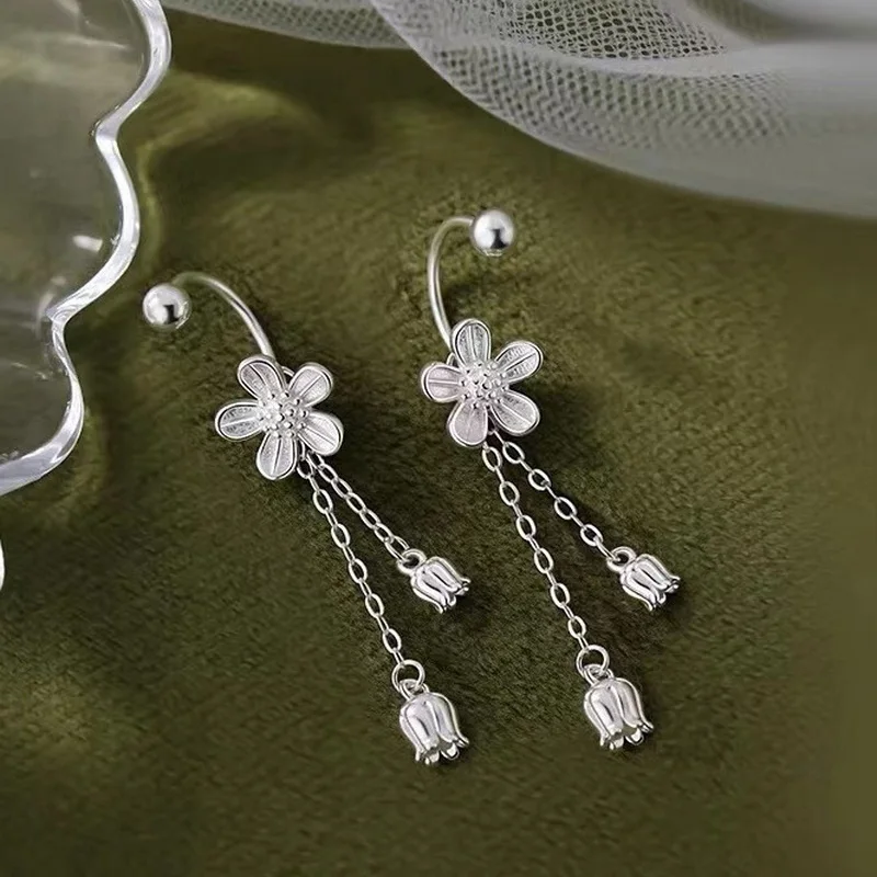 Pendientes elegantes con borla de flor de Valle para mujer, pendientes de gota florales de tulipán de Color plateado, joyería de moda para novia, regalos de fiesta de boda