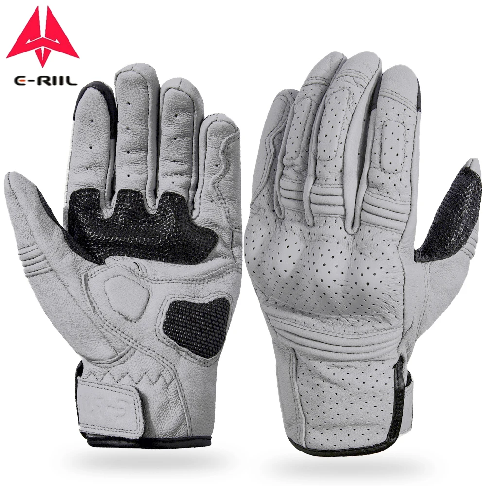 Vintage Gray Waterproof Leather Motorcycle Gloves - Full Finger Protection