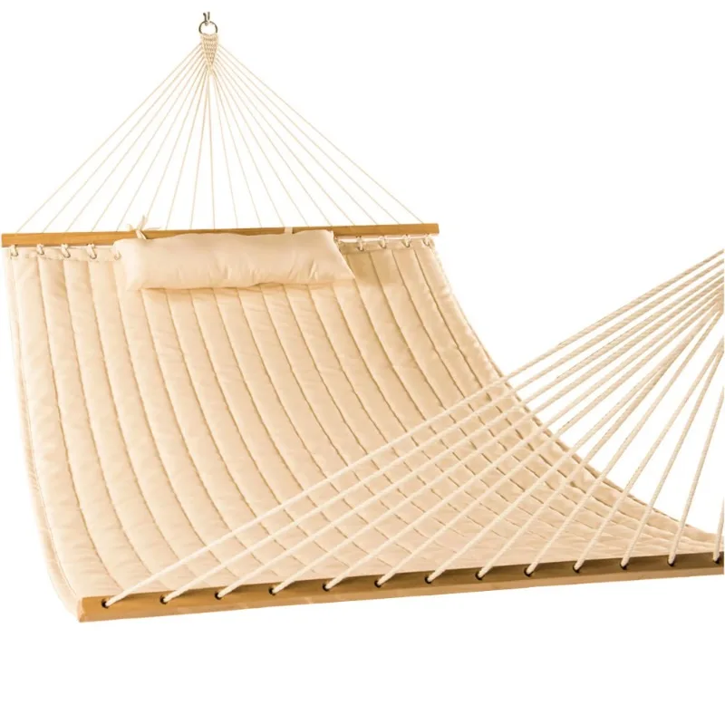 12 FT Double Quilted Fabric Hammock with Spreader Bars and Detachable Pillow, 2 Person for Outdoor Patio Backyard