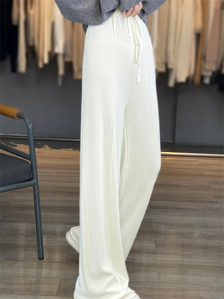Summer new curved bead ice silk fabric with high waisted elastic band and wide legs, simple and fashionable women's pants