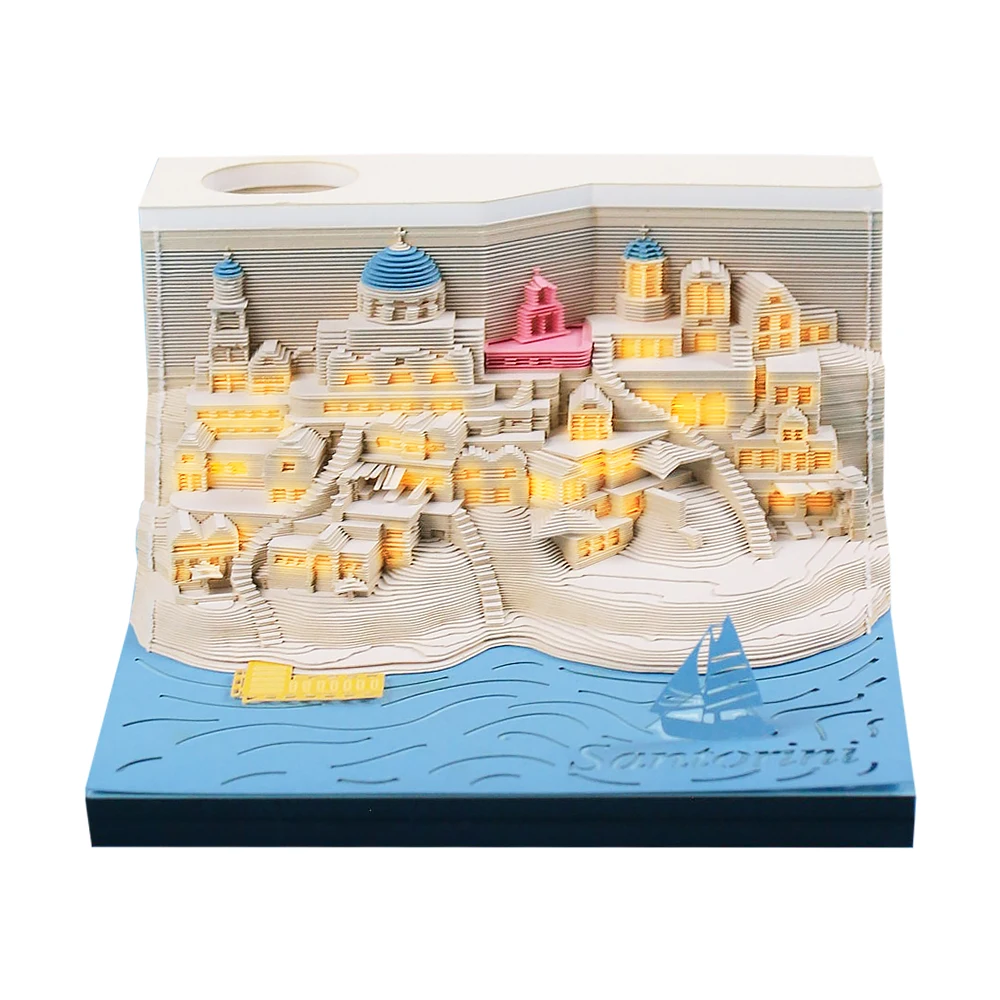 Omoshiroi Block 3d Memo Pads Santorini 3d Blocnote Love Sea 3d Plakbriefje Blokjes Mini Pennenhouder Kantooraccessoires Verjaardagscadeau