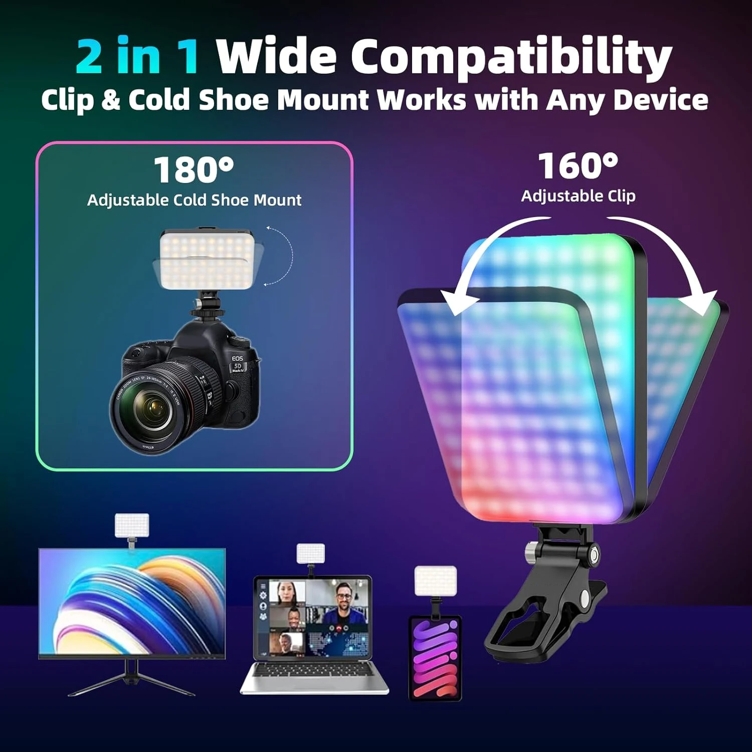 LED Video Light 108 LED RGB Full Color Output Dimmable 2500K-9000K Bi-Color Panel CRI 95+ Rechargeable