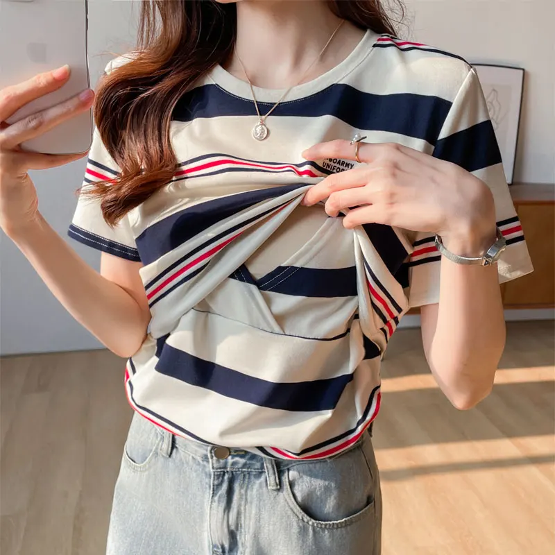 Summer Short Sleeve 100 Cotton Striped Breastfeeding T-shirt Postpartum Spicy Mothers Nursing Clothes Block Color Lactation Tees T Shirt