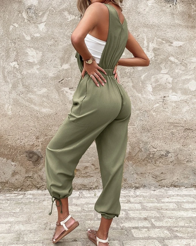 Women's Summer Fashion New Pocket Design Drawstring Sling Jumpsuit Temperament Commuter Work Suit Casual Jumpsuit