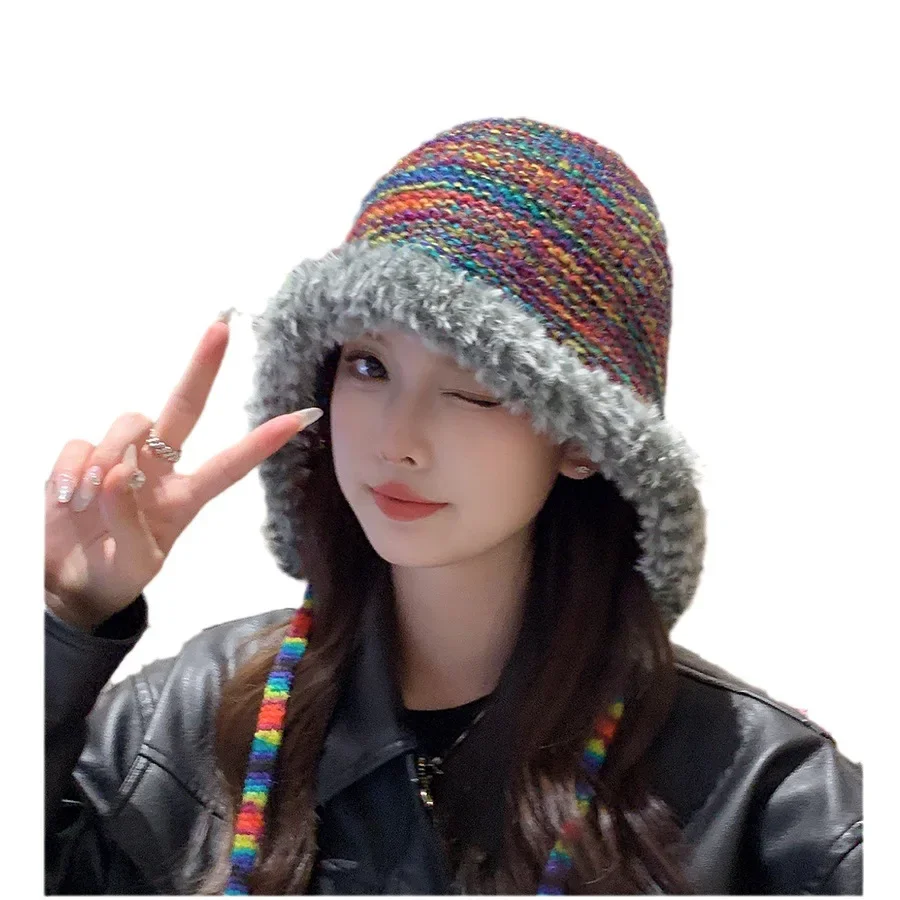 New Autumn Women Knitted Beanie Cap Rainbow Striped Beanies Hats Winter Warm Hip Hop Punk Reggae Skull Hat  Korea Style Gorro