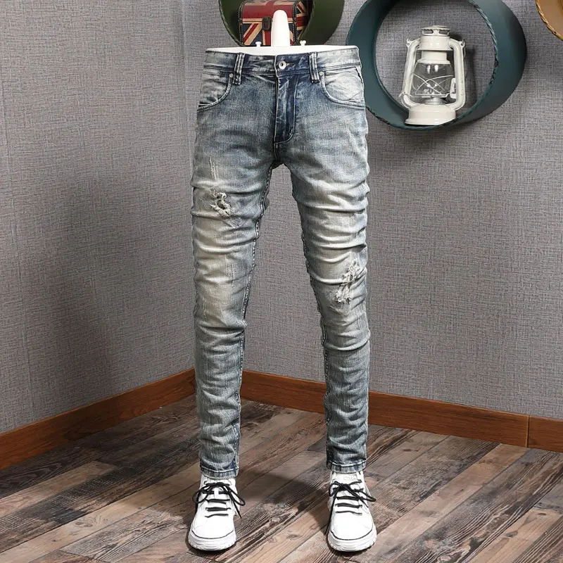 

Fashion Designer Men Jeans High Quality Retro Blue Elastic Stretch Slim Fit Ripped Jeans Men Patched Vintage Denim Pants Hombre
