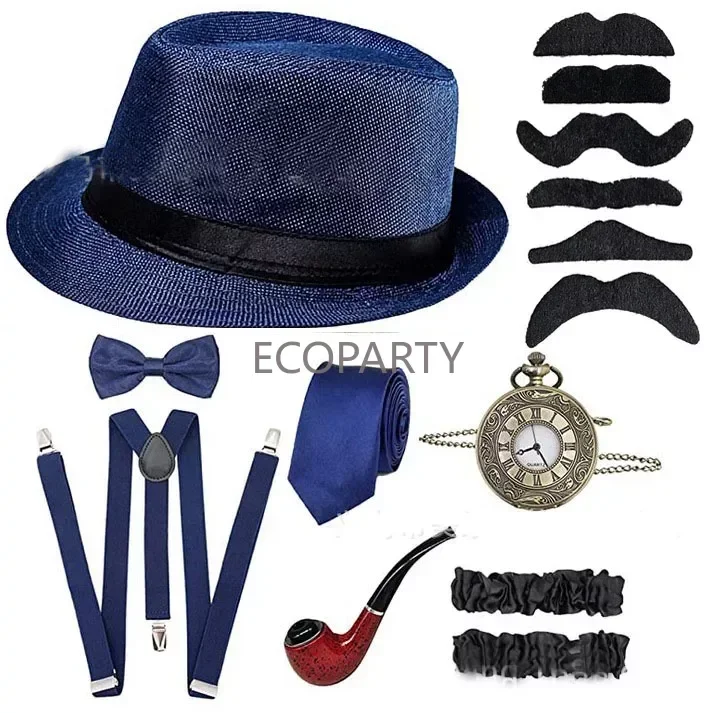 Disfrace Halloween 1920s Mens Gatsby Gangster Accessories Set Panama Hat Suspender Bow Tie 20s Great Gatsby Cosplay Accessories