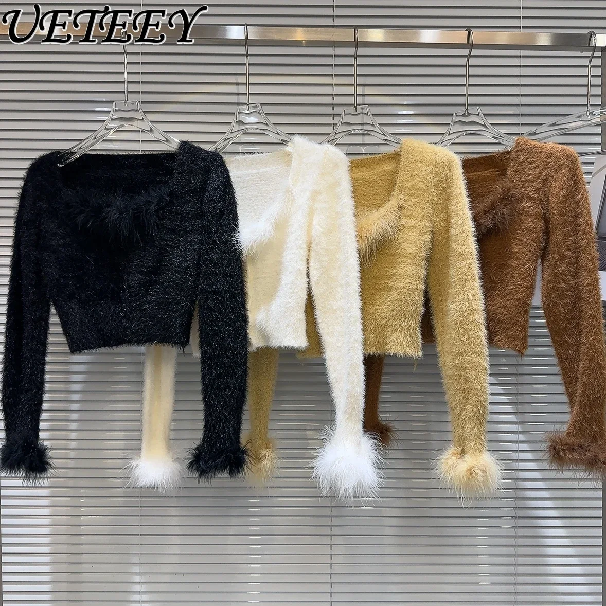 

2023 Autumn Winter New Sexy Low Square Collar Burr Fur Sweater Cardigan Female Temperament Socialite Mohair Knitted Sweater Top