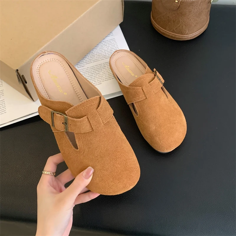 ZOOKERLIN Spring Autumn New Home Women Slippers Genuine Leather Shoes For Women Clogs Outdoor Non-slip Slides Flat Shoes Buckles