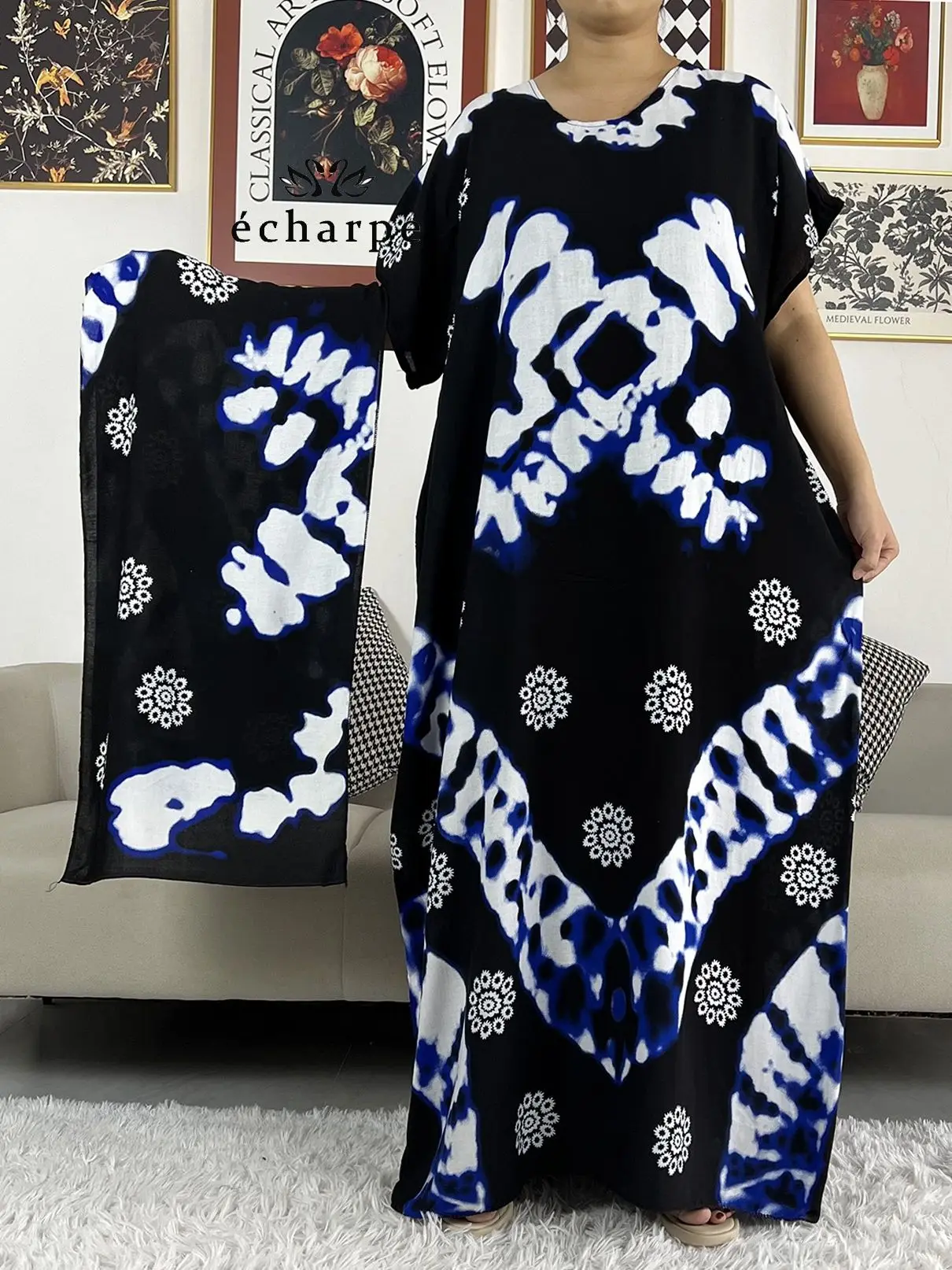 Latest African Dashiki Solid Cotton Floral Summer Dress Printed Short Sleeve Loose African Women Casual Dress with Scarf