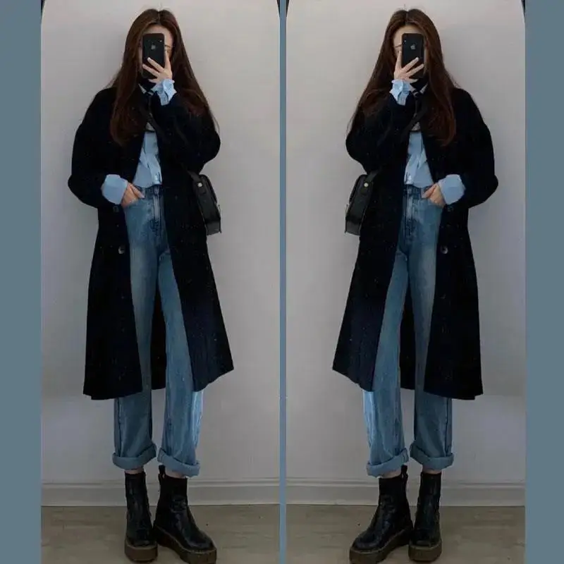 2023 Autumn Winter Women Woolen Overcoats Korean Lady Casual Loose Outerwear Black Long Coats Pure Color Basic Button Jackets