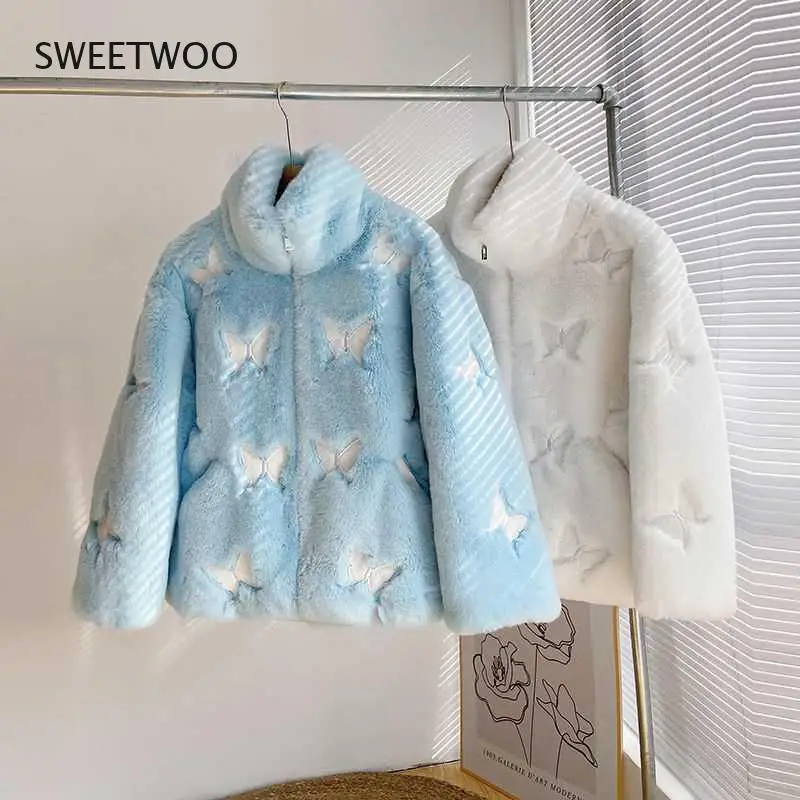 2022 Winter Faux Fur Coat Women's Plush Reflective Butterfly Imitation Coat Hip-Hop Casual Loose Coat Women's Thick Top