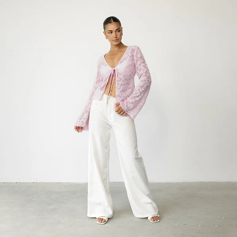 Lace Printed See-Through T-shirt Cardigan Top Female Lace-Up Patchwork Sexy Cropped Y2k Top Tee Women's Bandage Top