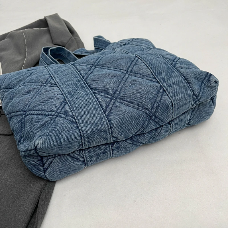 Denim Diamond Lattice Shoulder Bags For Women 2023 Winter Blue Casual Totes Japan And Korea Style Cloth Handbags Cotton Packages
