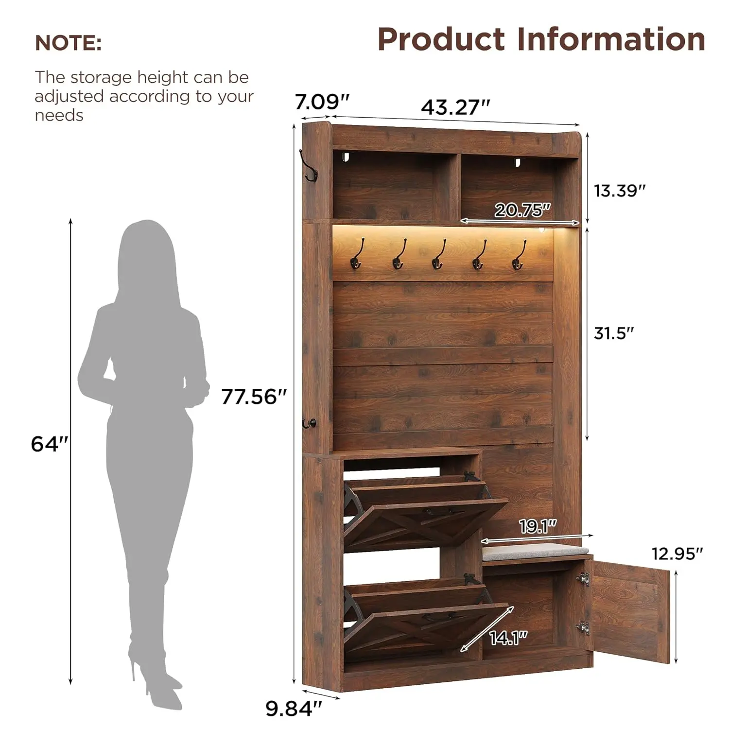 LED Hall Tree with Bench & Storage 2