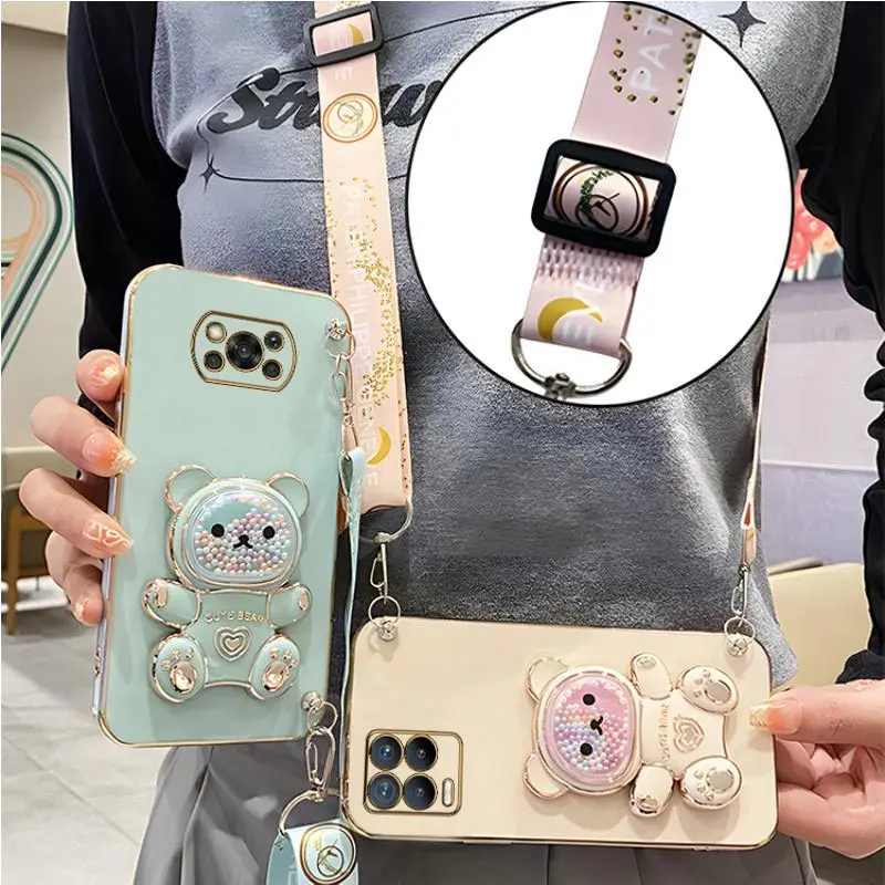 Quicksand Bear Holder Lanyard Phone Case with Strap Stand Cover