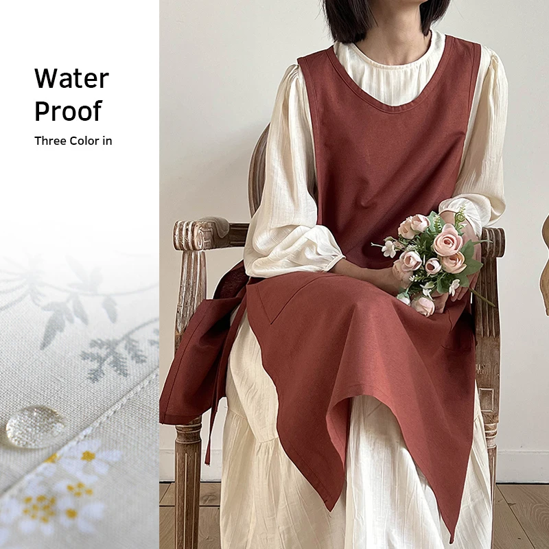 모든 코튼 방수 귀여운 앞치마, 일본 및 한국 스타일 주방 앞치마, 가정용 턱받이 앞치마, 허리 면 리넨 앞치마