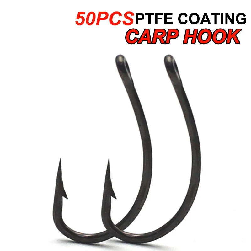 50pcs Carp Fishing Hooks PTFE Coating High Carbon Stainless Steel Barbed Carp Hooks for Carp Rig  Matt Black Curve Shank Hook