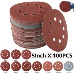 Jeu de disques abrasifs, papier de verre rond, 8 trous, crochet et boucle, 100mm, 5 pouces, 80 125, 3000 pièces 