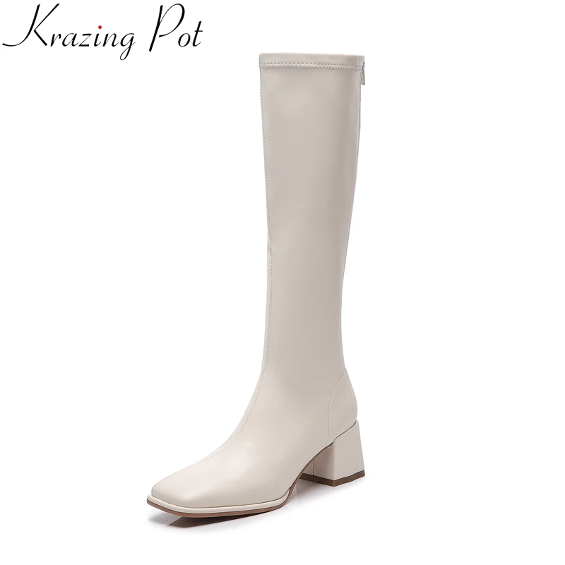 

Krazing Pot Superstar Square Toe Zipper High Heels Stretch Knee-high Boots Office Lady Concise Casual Winter Thigh High Boots