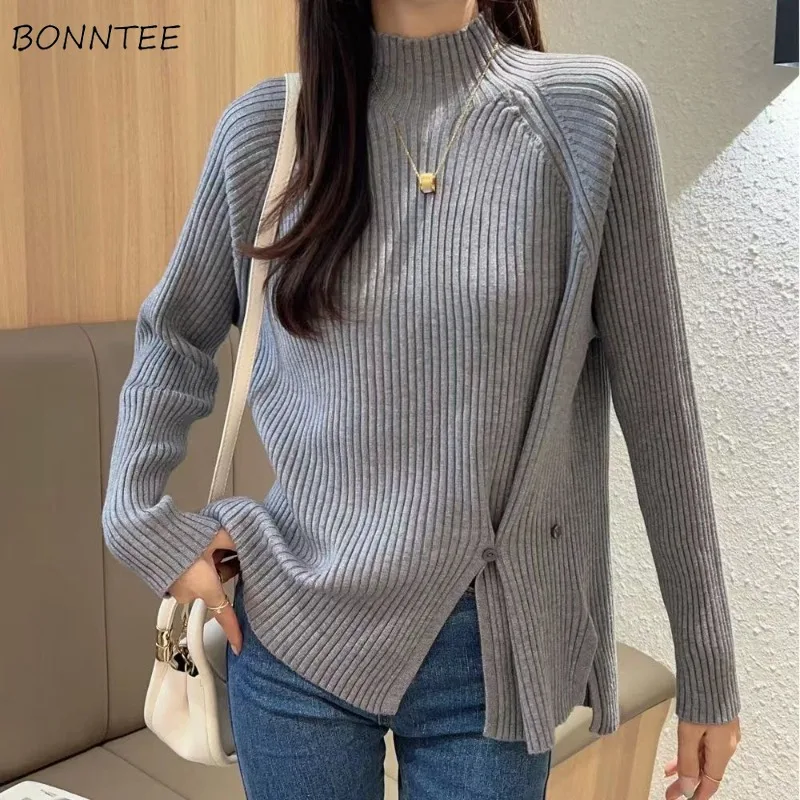 

Irregular Knitted Pullovers Women Side-slit Casual Warm Half High Collar Sweaters Ulzzang Simple Thick All-match Inner Jumper